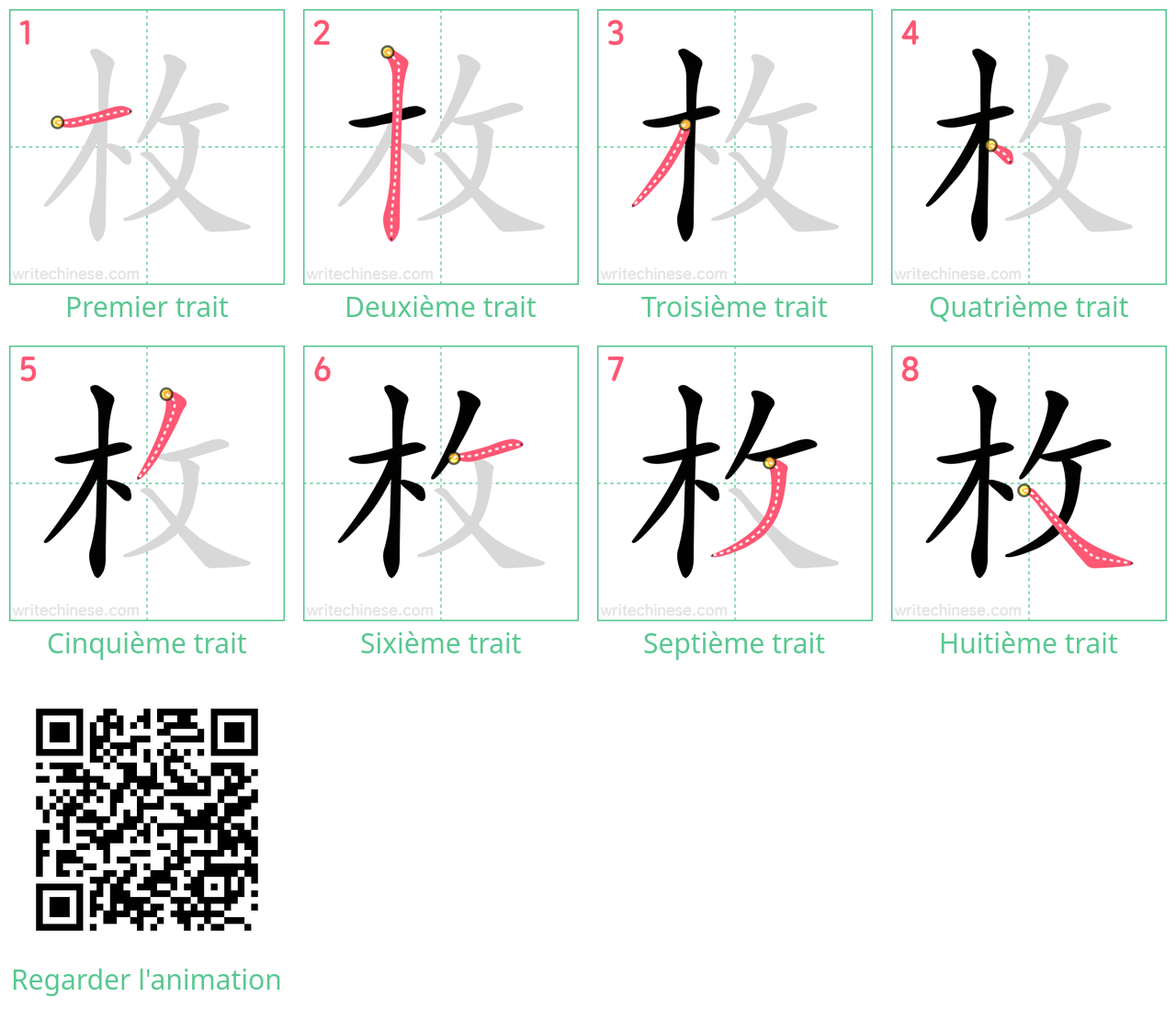 Diagrammes d'ordre des traits étape par étape pour le caractère 枚