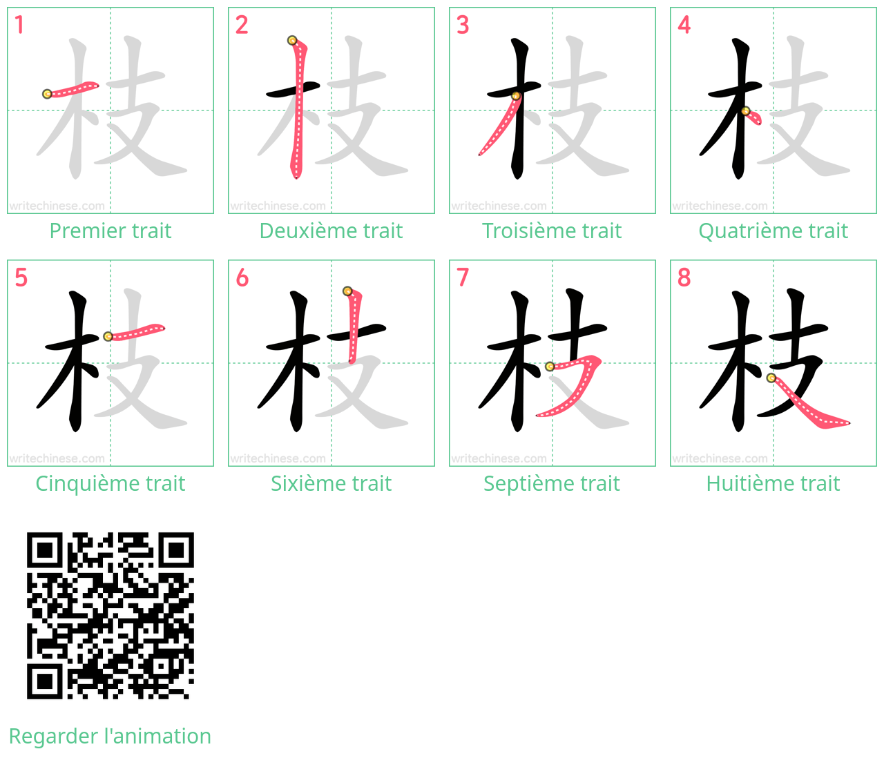 Diagrammes d'ordre des traits étape par étape pour le caractère 枝