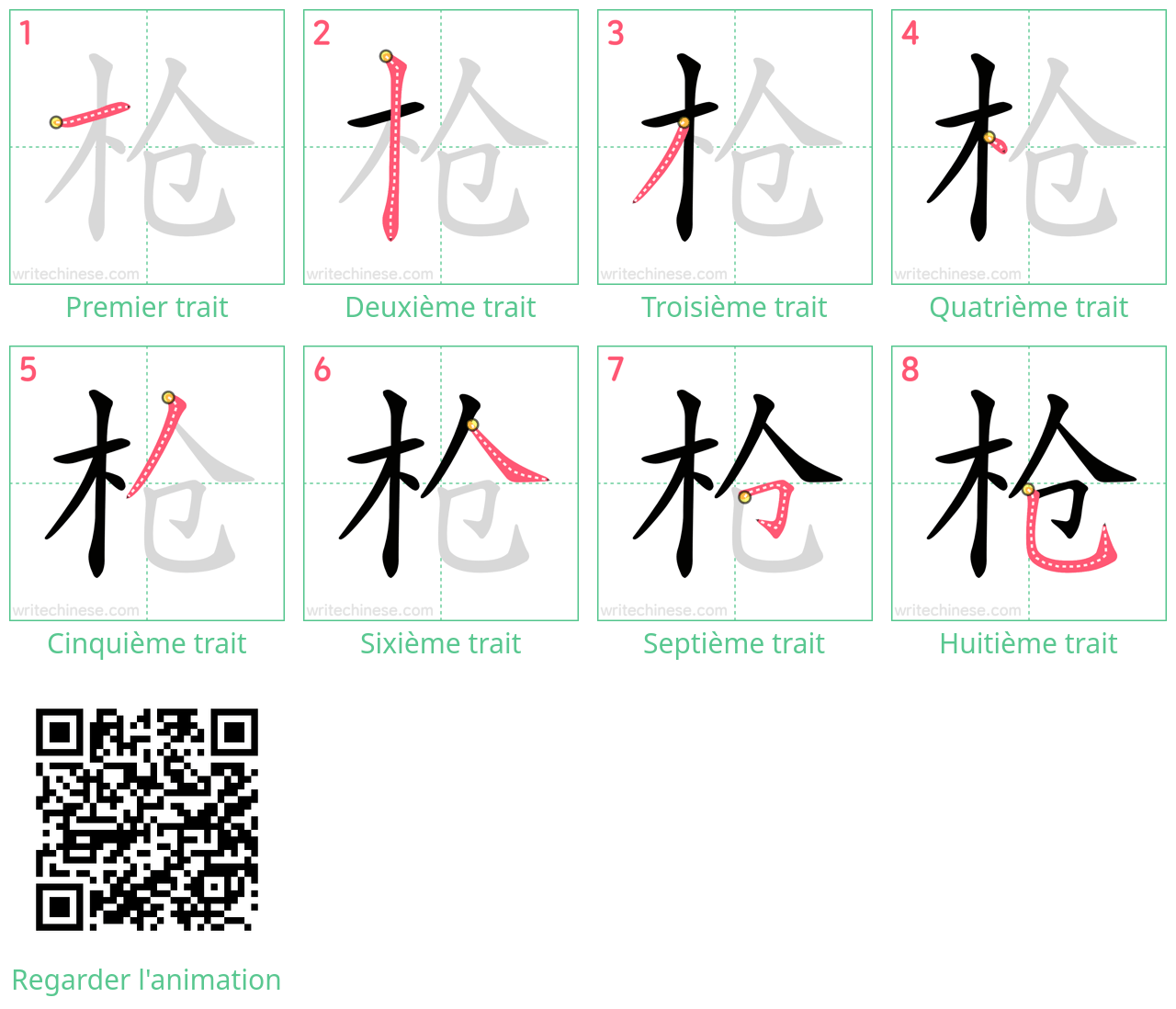Diagrammes d'ordre des traits étape par étape pour le caractère 枪