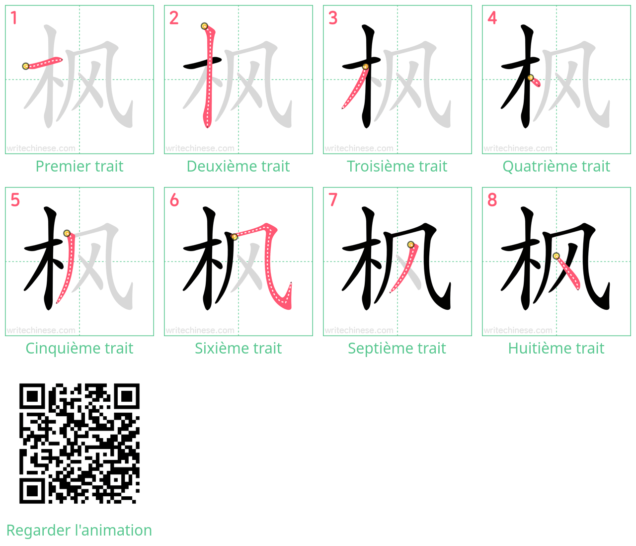 Diagrammes d'ordre des traits étape par étape pour le caractère 枫