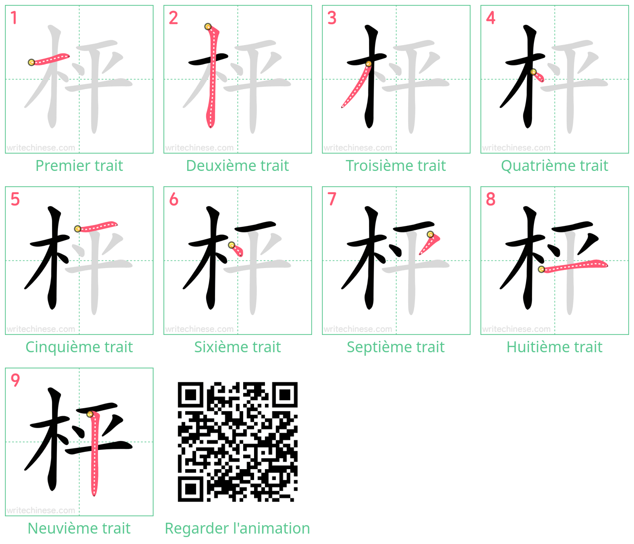 Diagrammes d'ordre des traits étape par étape pour le caractère 枰