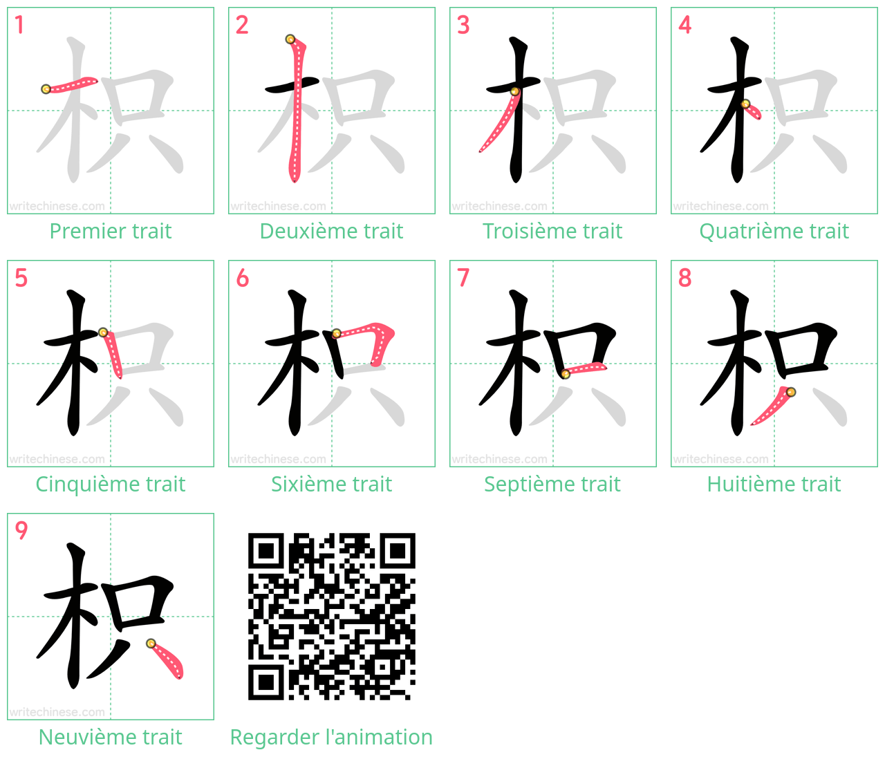 Diagrammes d'ordre des traits étape par étape pour le caractère 枳