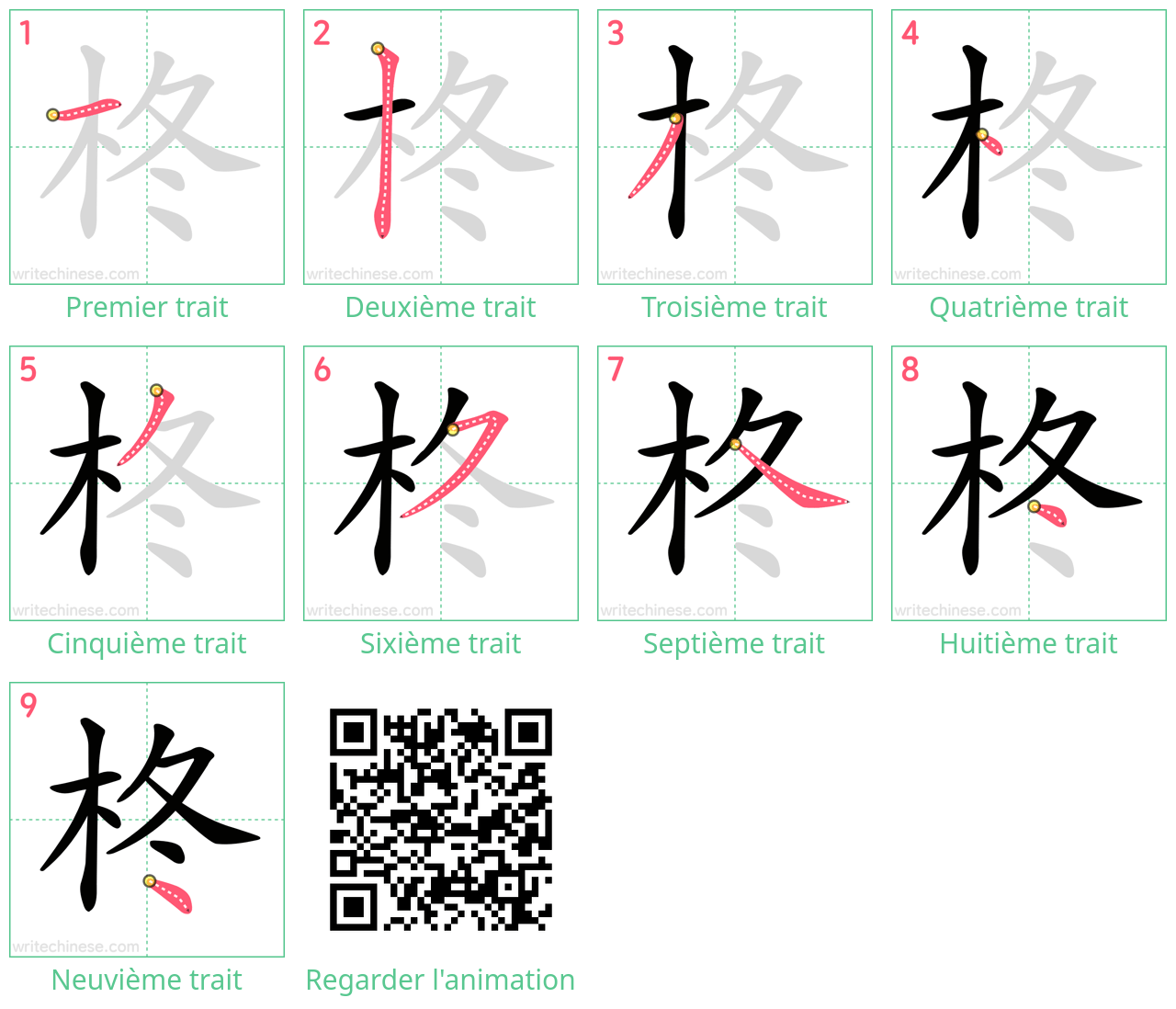 Diagrammes d'ordre des traits étape par étape pour le caractère 柊