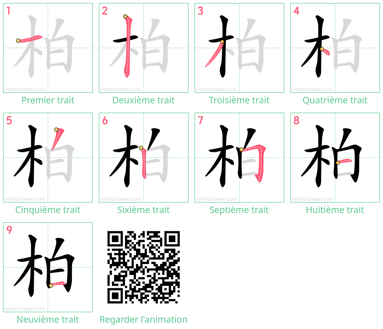 Diagrammes d'ordre des traits étape par étape pour le caractère 柏