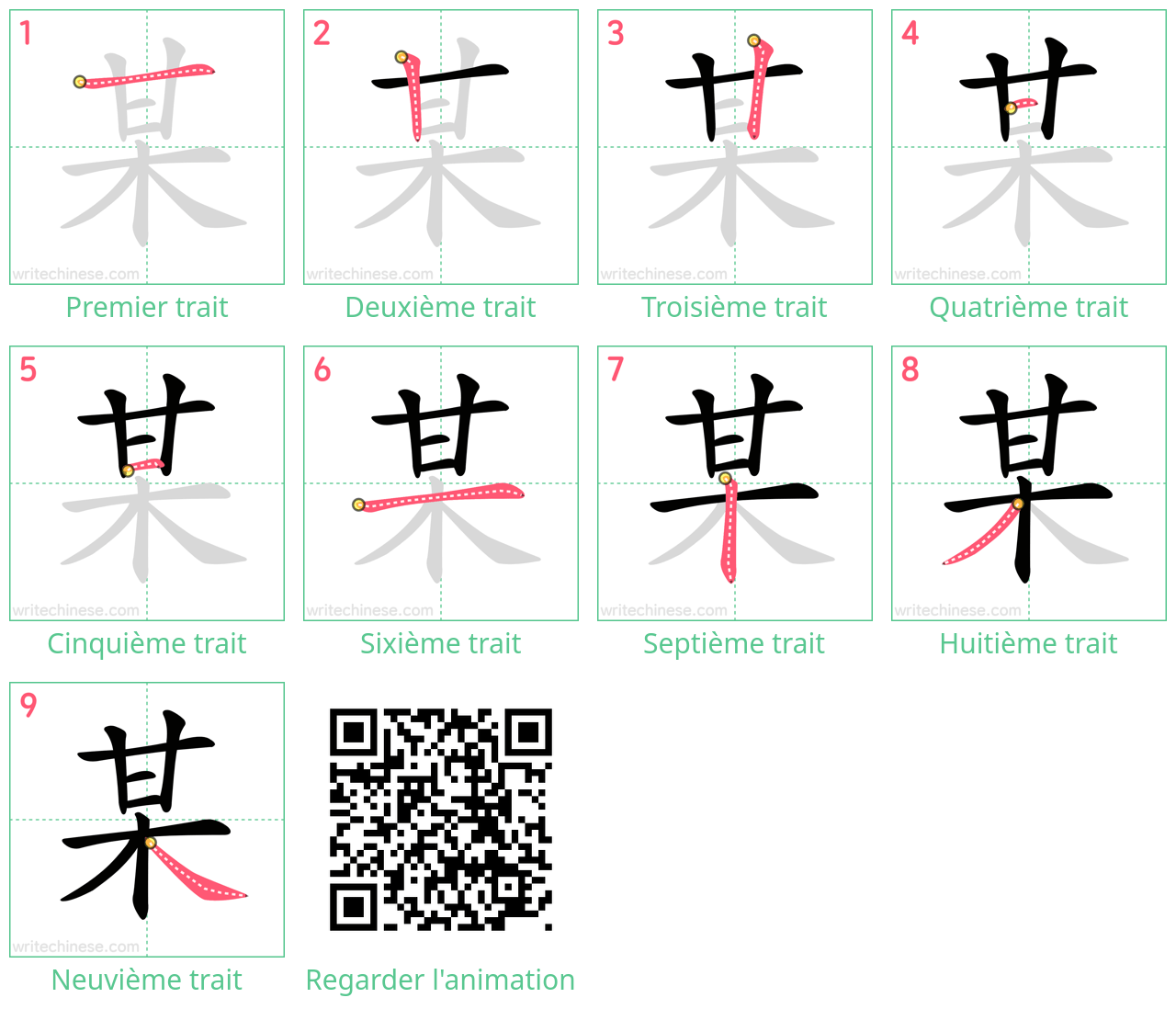 Diagrammes d'ordre des traits étape par étape pour le caractère 某