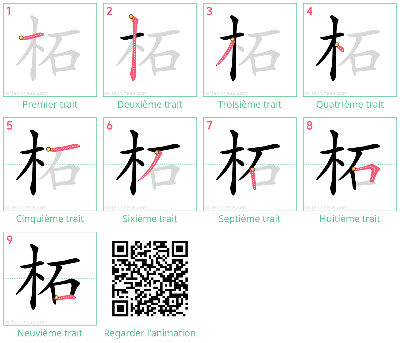 Diagrammes d'ordre des traits étape par étape pour le caractère 柘