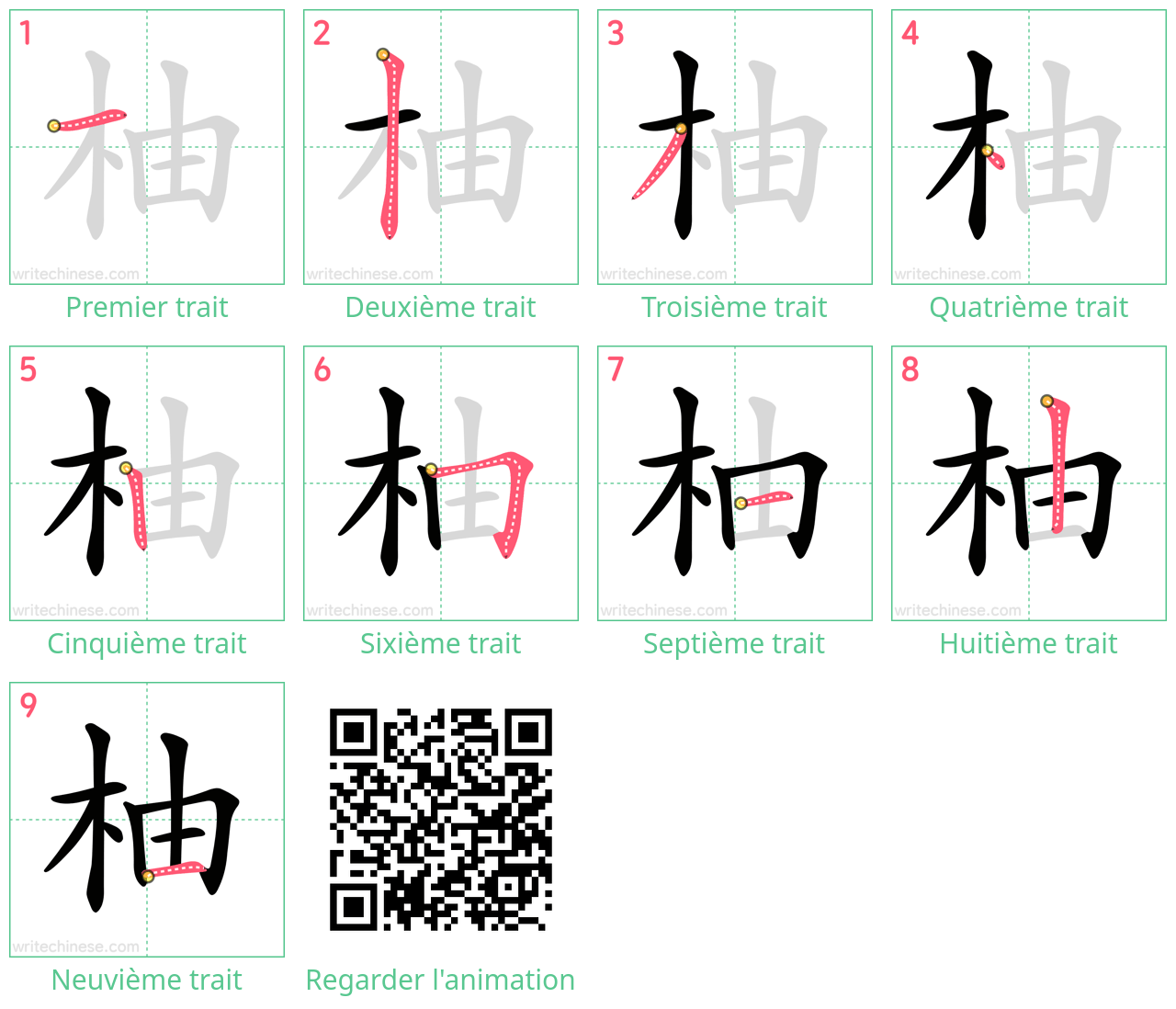 Diagrammes d'ordre des traits étape par étape pour le caractère 柚