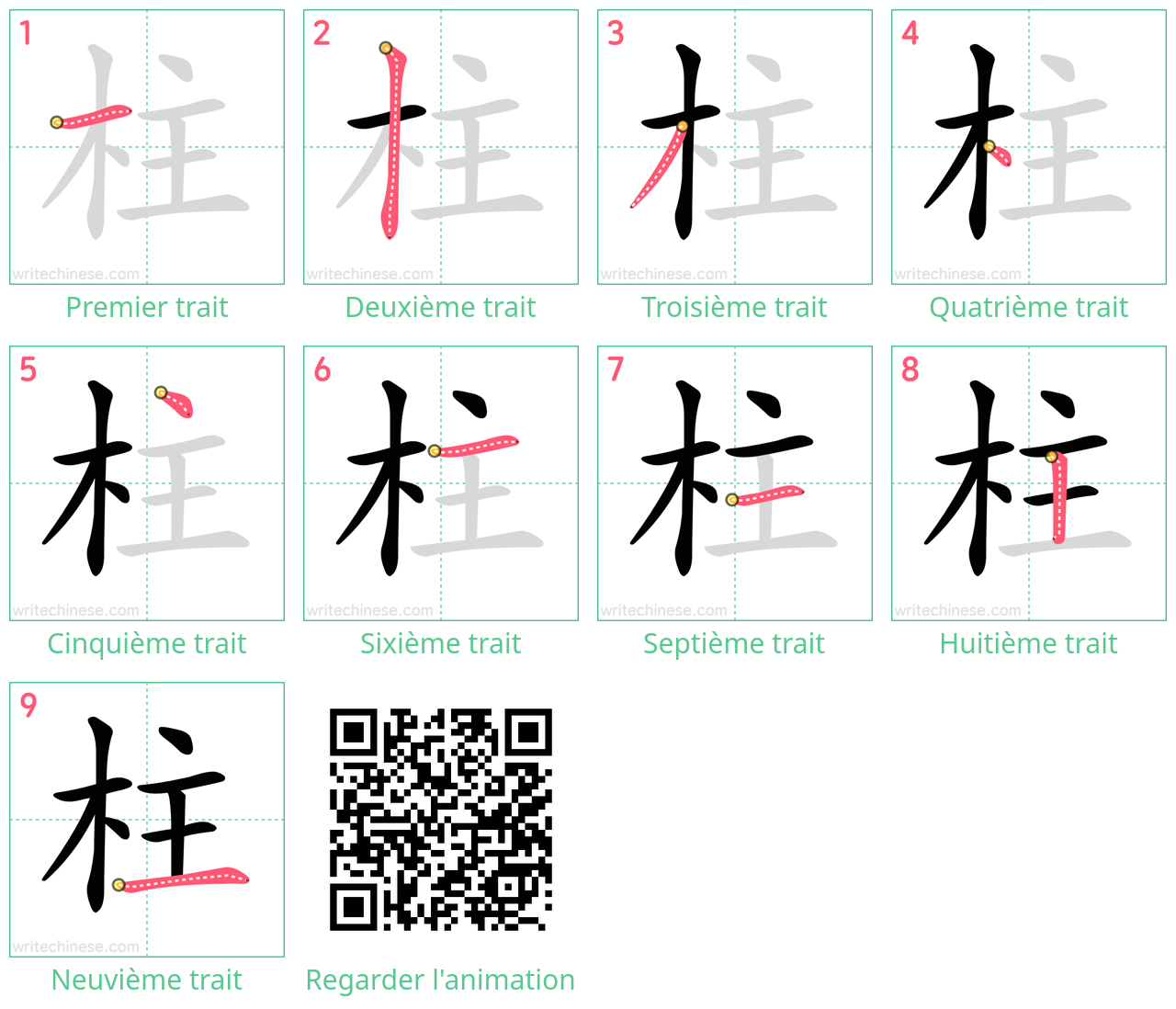 Diagrammes d'ordre des traits étape par étape pour le caractère 柱