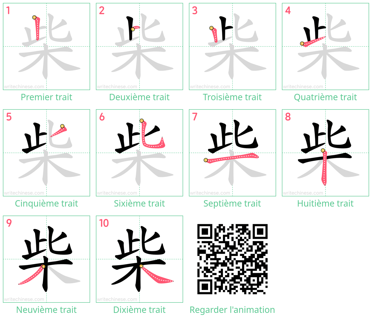 Diagrammes d'ordre des traits étape par étape pour le caractère 柴