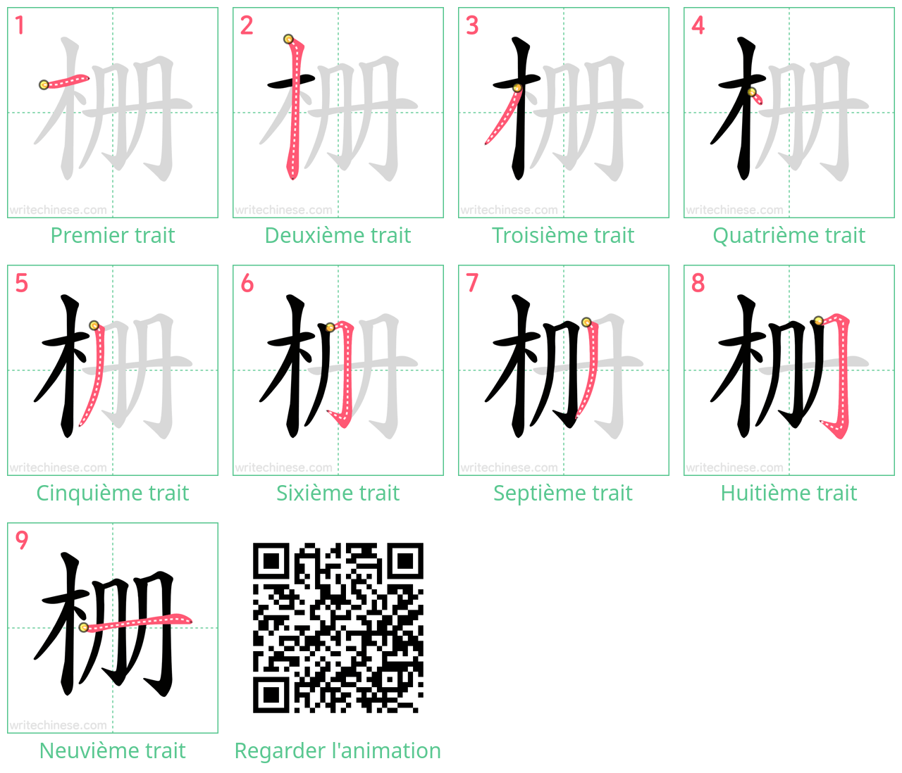 Diagrammes d'ordre des traits étape par étape pour le caractère 栅