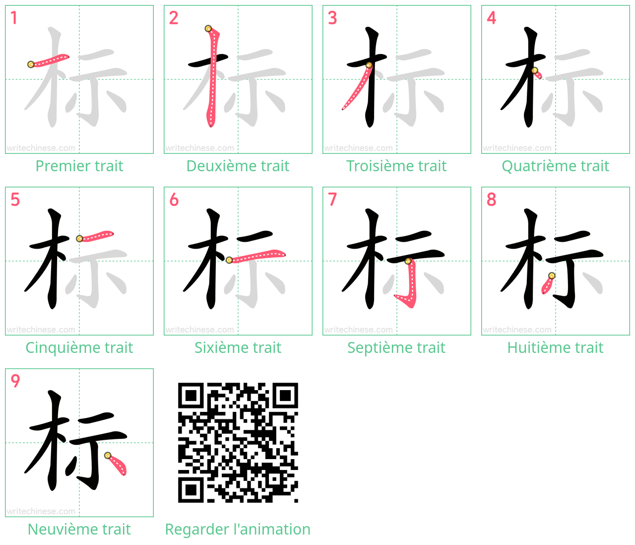 Diagrammes d'ordre des traits étape par étape pour le caractère 标