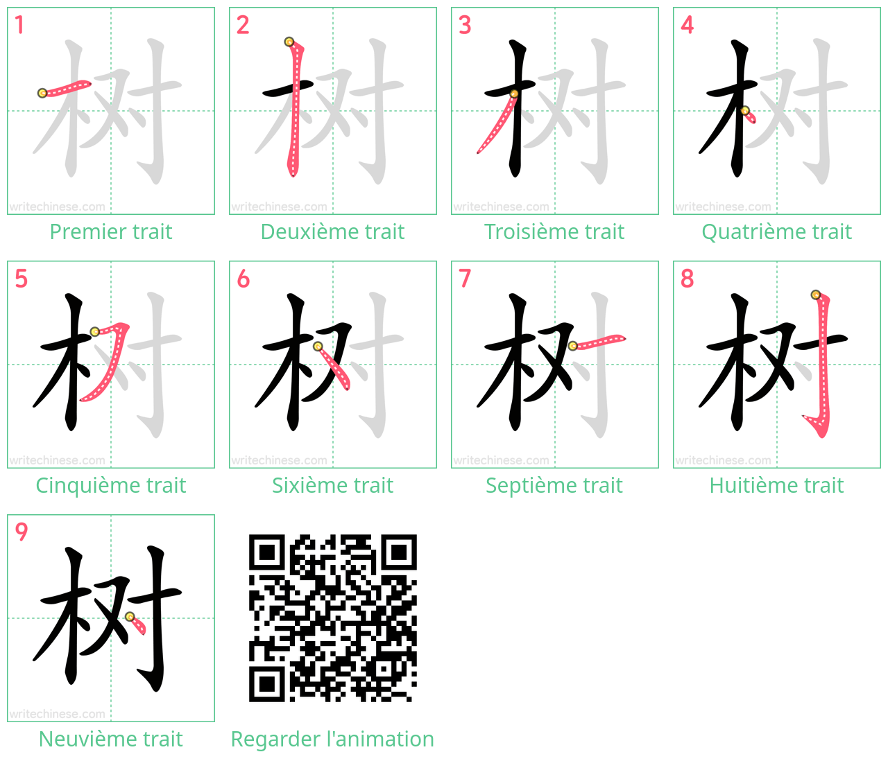 Diagrammes d'ordre des traits étape par étape pour le caractère 树