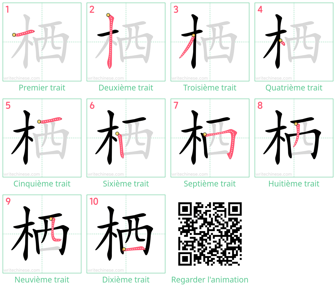 Diagrammes d'ordre des traits étape par étape pour le caractère 栖