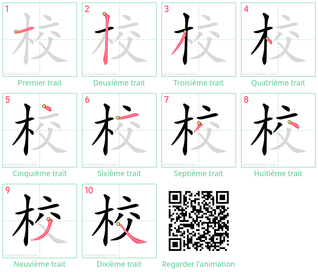 Diagrammes d'ordre des traits étape par étape pour le caractère 校