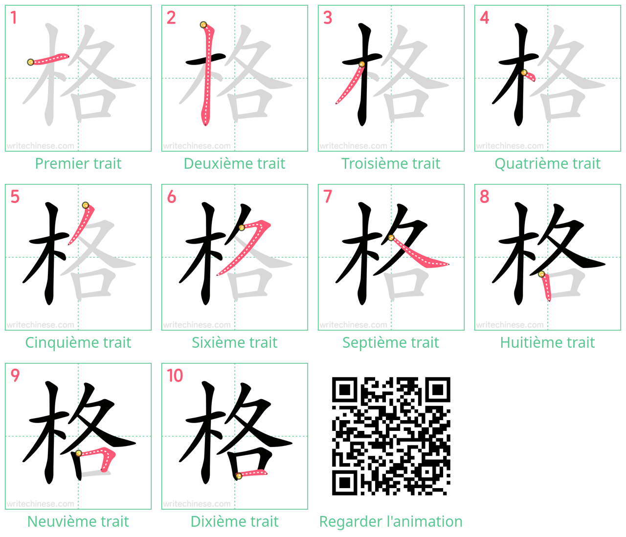 Diagrammes d'ordre des traits étape par étape pour le caractère 格