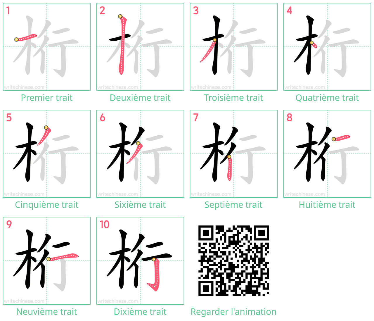 Diagrammes d'ordre des traits étape par étape pour le caractère 桁