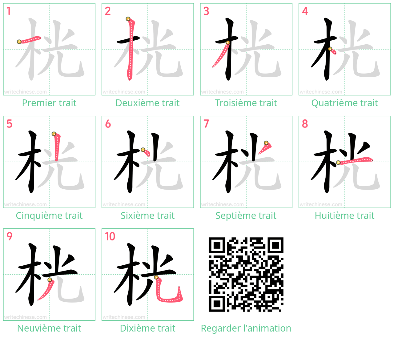 Diagrammes d'ordre des traits étape par étape pour le caractère 桄