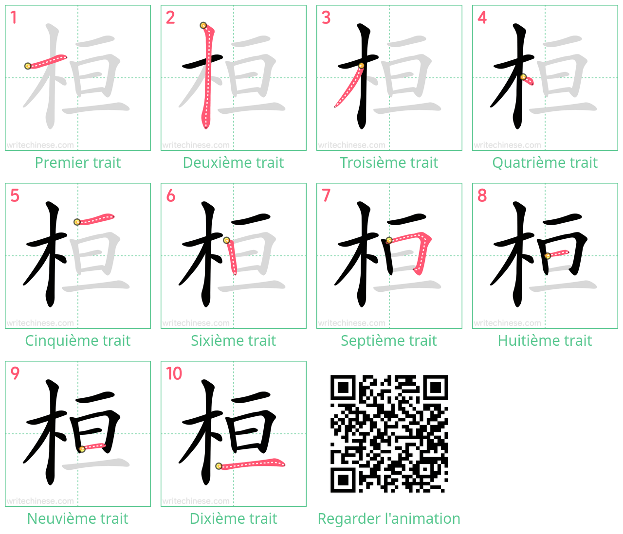 Diagrammes d'ordre des traits étape par étape pour le caractère 桓