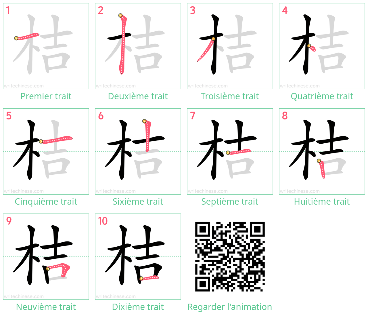 Diagrammes d'ordre des traits étape par étape pour le caractère 桔