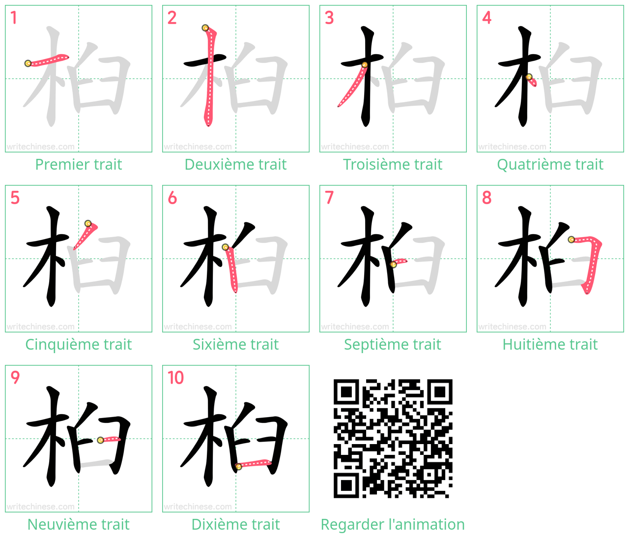 Diagrammes d'ordre des traits étape par étape pour le caractère 桕