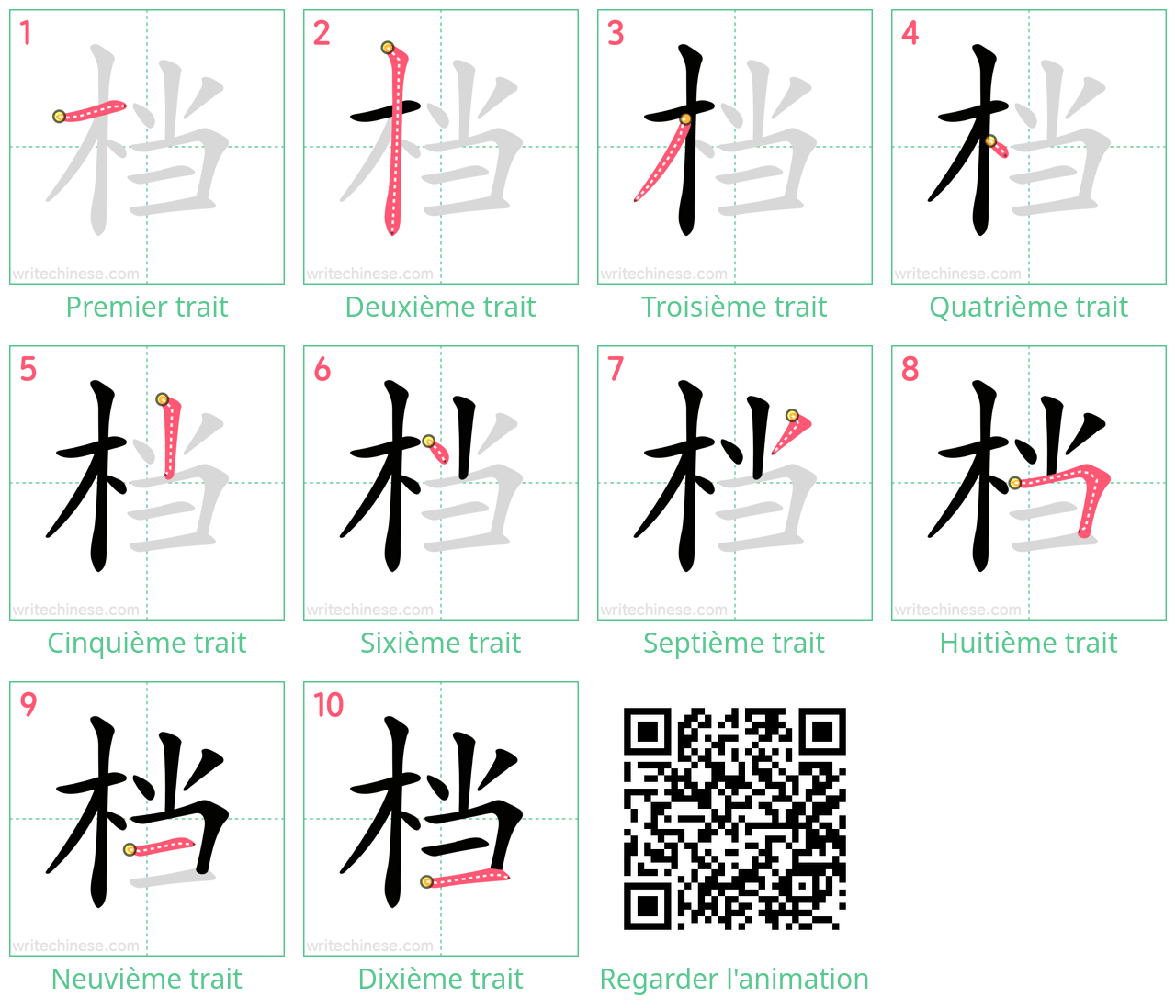 Diagrammes d'ordre des traits étape par étape pour le caractère 档