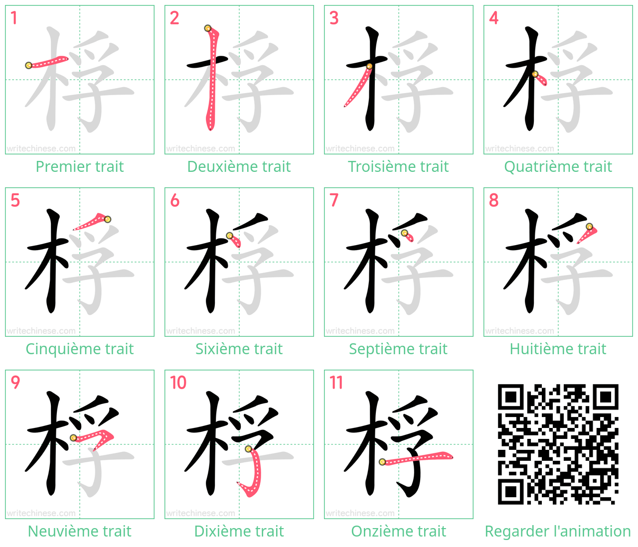 Diagrammes d'ordre des traits étape par étape pour le caractère 桴