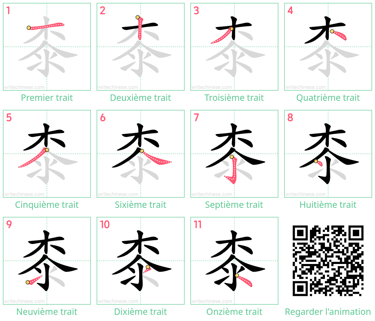 Diagrammes d'ordre des traits étape par étape pour le caractère 桼