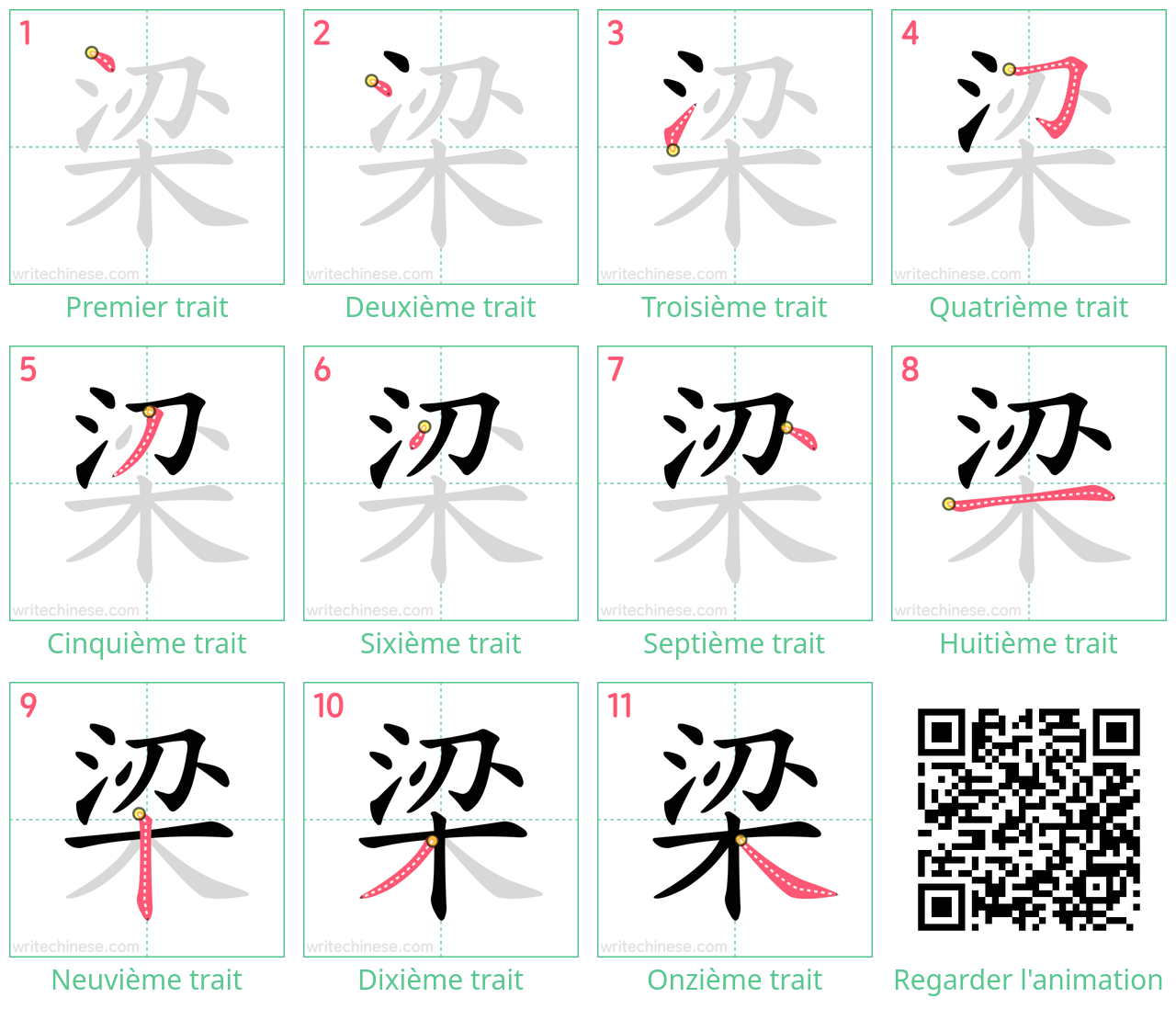 Diagrammes d'ordre des traits étape par étape pour le caractère 梁