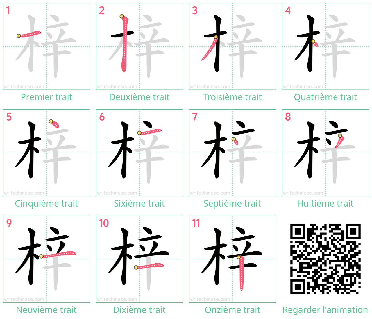 Diagrammes d'ordre des traits étape par étape pour le caractère 梓