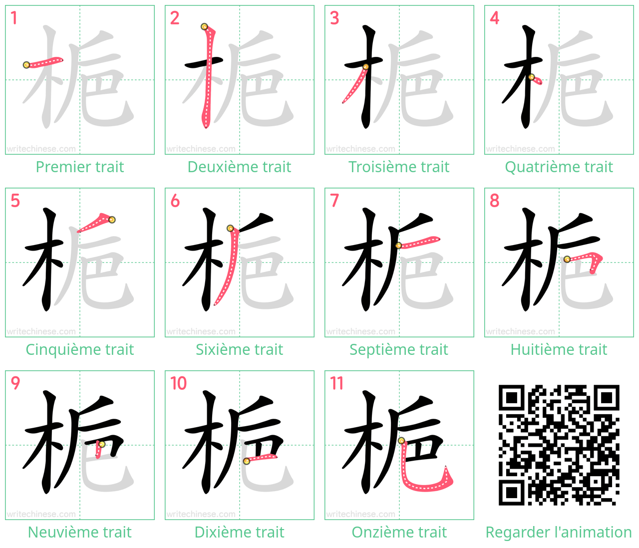 Diagrammes d'ordre des traits étape par étape pour le caractère 梔