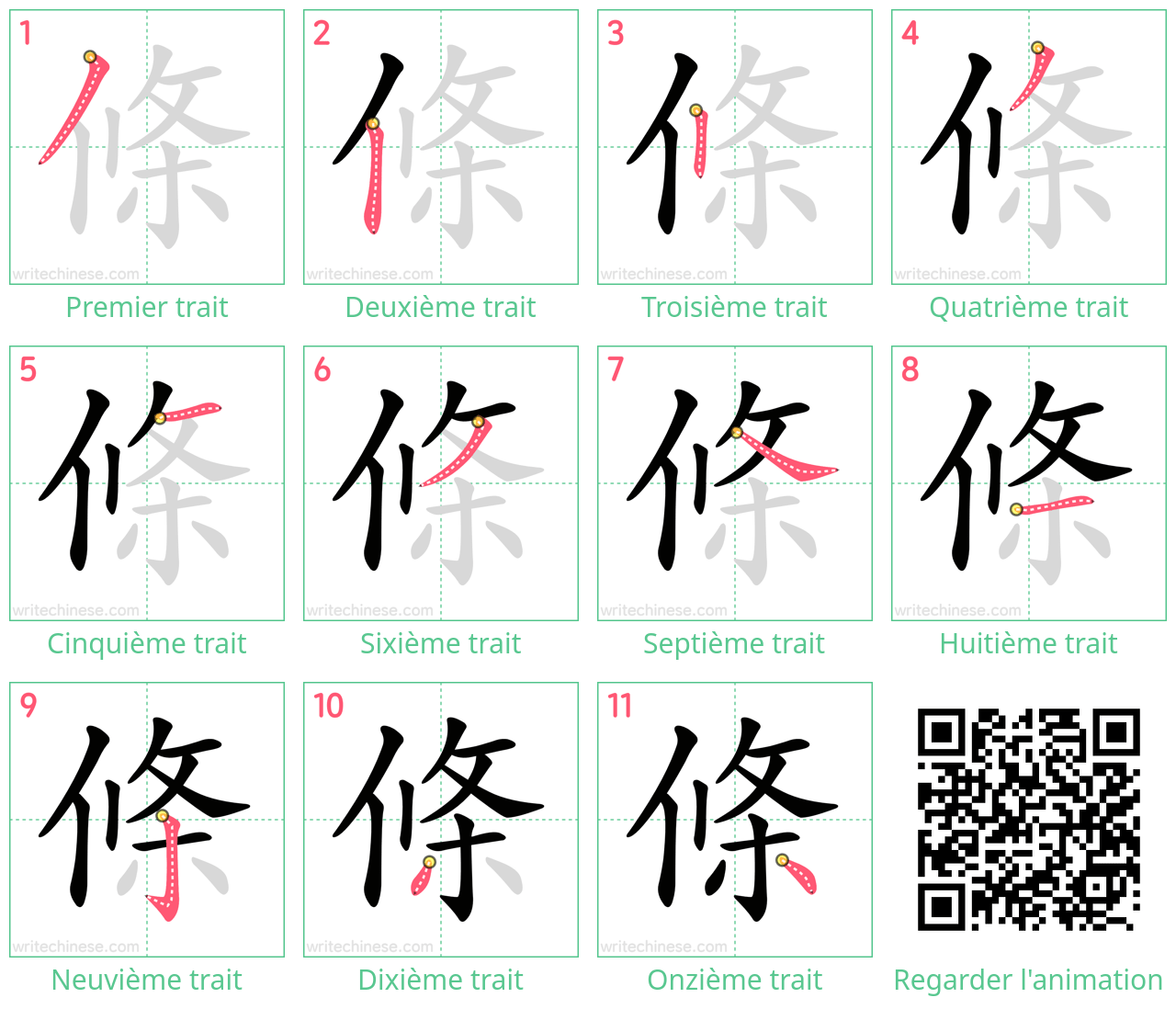 Diagrammes d'ordre des traits étape par étape pour le caractère 條