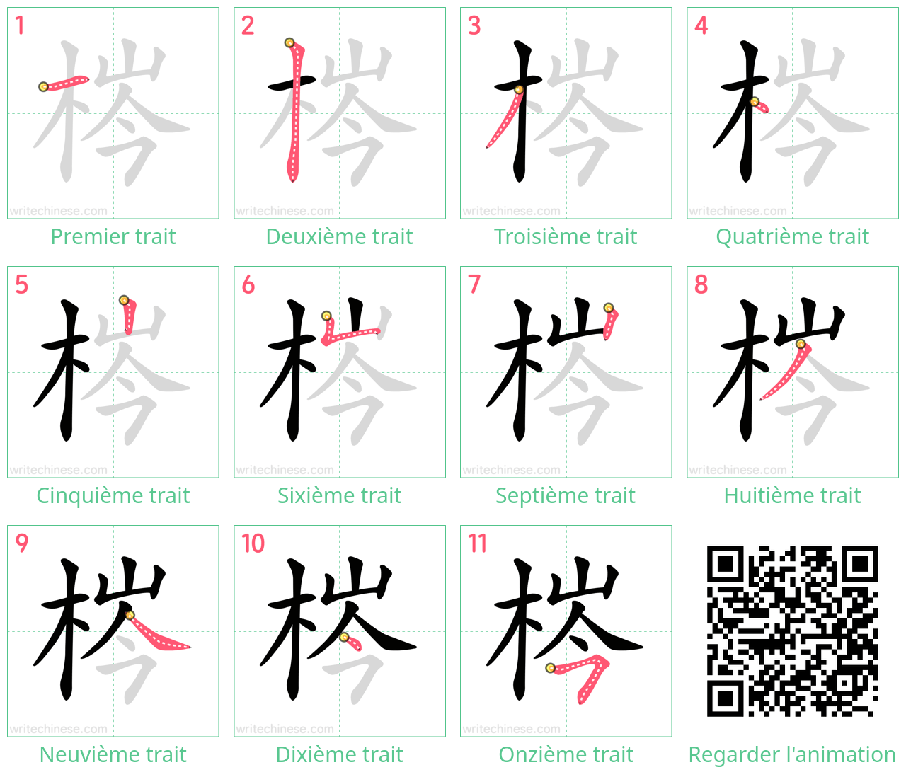 Diagrammes d'ordre des traits étape par étape pour le caractère 梣