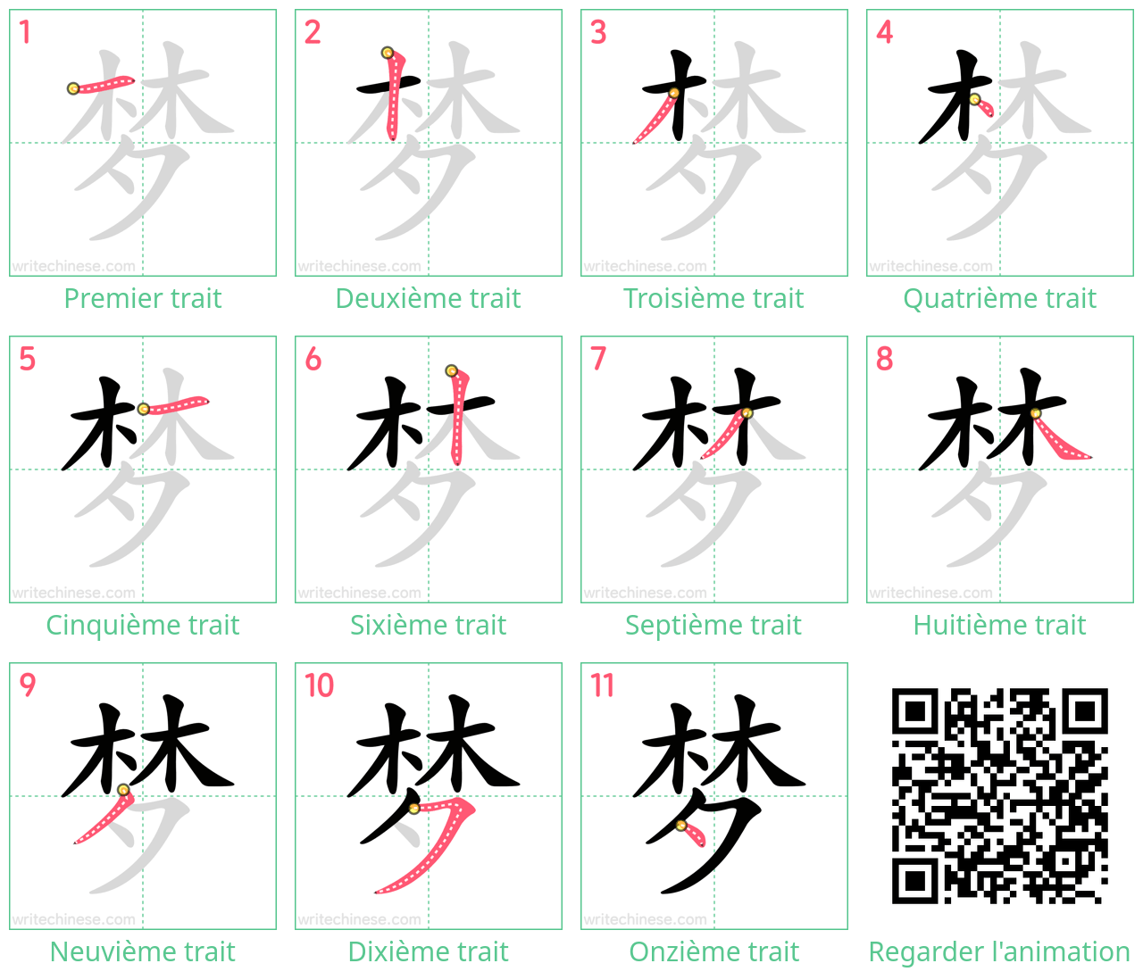 Diagrammes d'ordre des traits étape par étape pour le caractère 梦