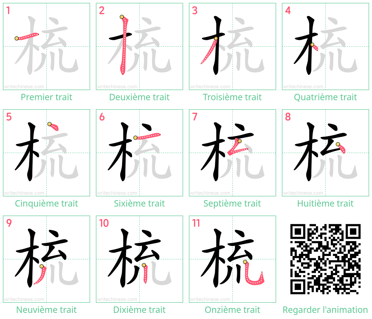 Diagrammes d'ordre des traits étape par étape pour le caractère 梳