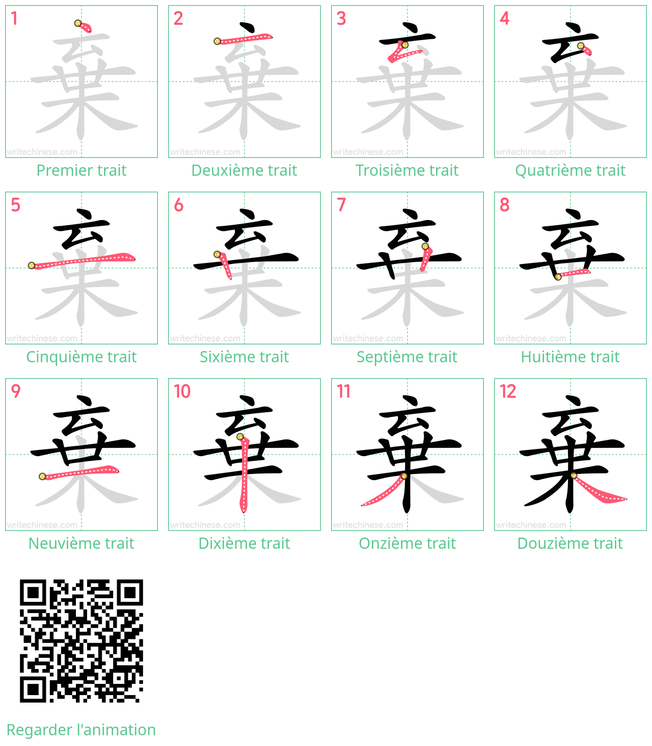 Diagrammes d'ordre des traits étape par étape pour le caractère 棄