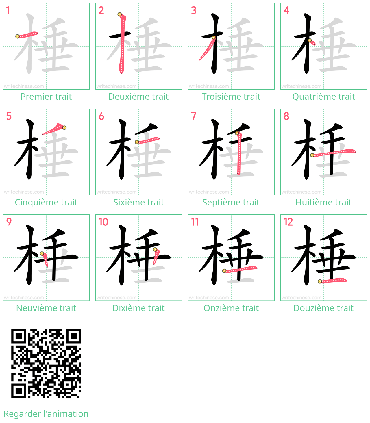 Diagrammes d'ordre des traits étape par étape pour le caractère 棰