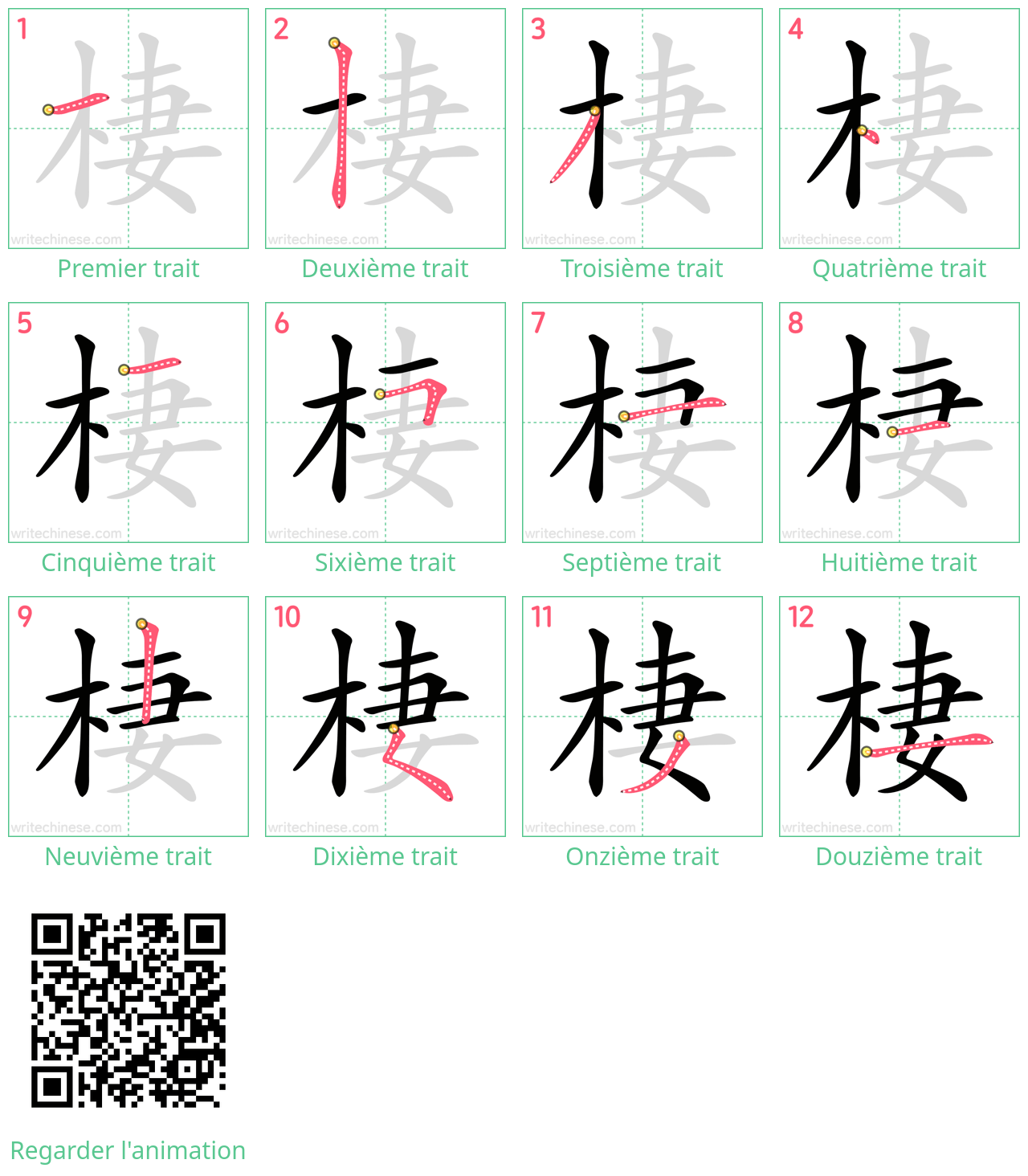 Diagrammes d'ordre des traits étape par étape pour le caractère 棲