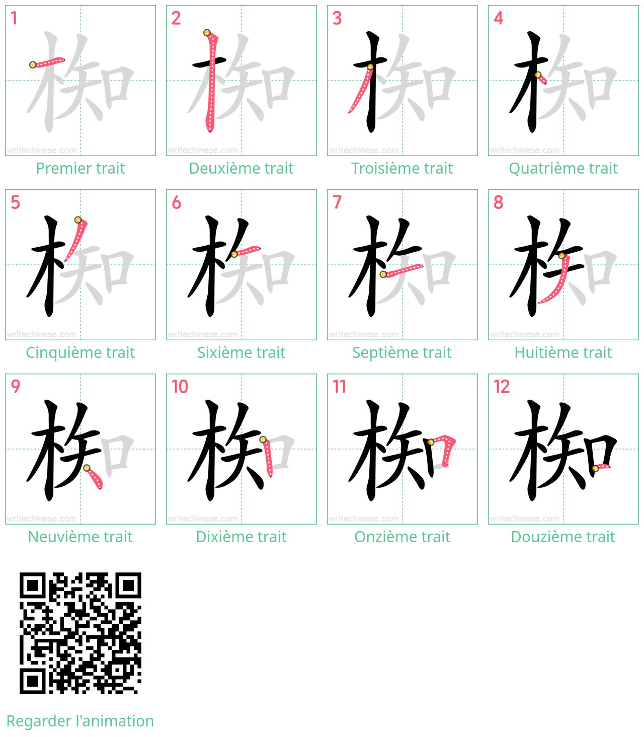 Diagrammes d'ordre des traits étape par étape pour le caractère 椥