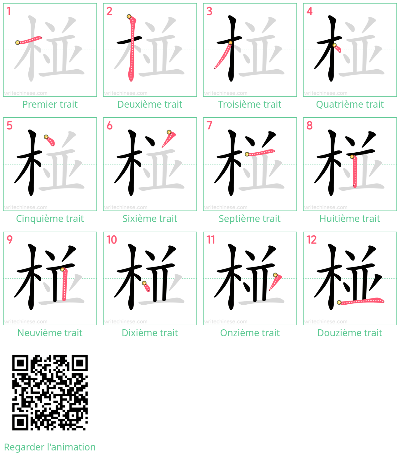 Diagrammes d'ordre des traits étape par étape pour le caractère 椪