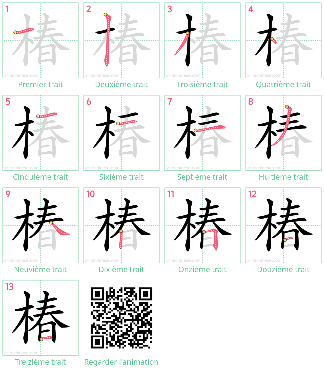 Diagrammes d'ordre des traits étape par étape pour le caractère 椿