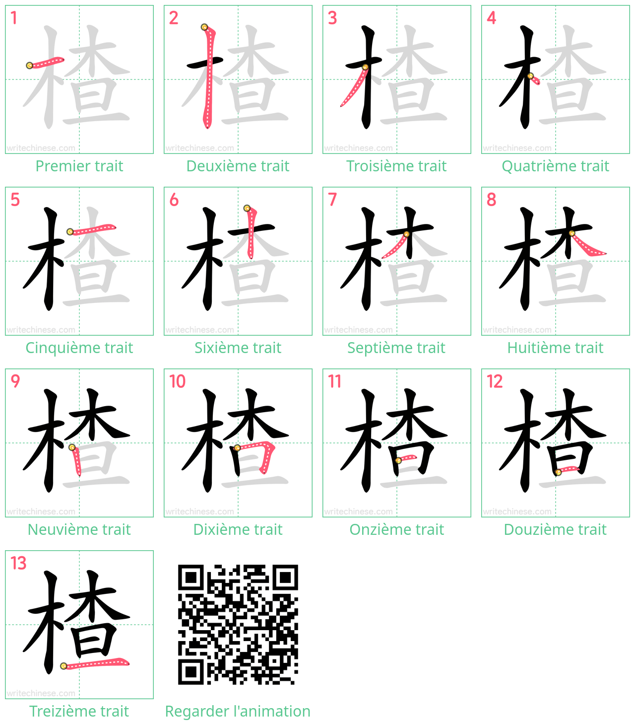 Diagrammes d'ordre des traits étape par étape pour le caractère 楂