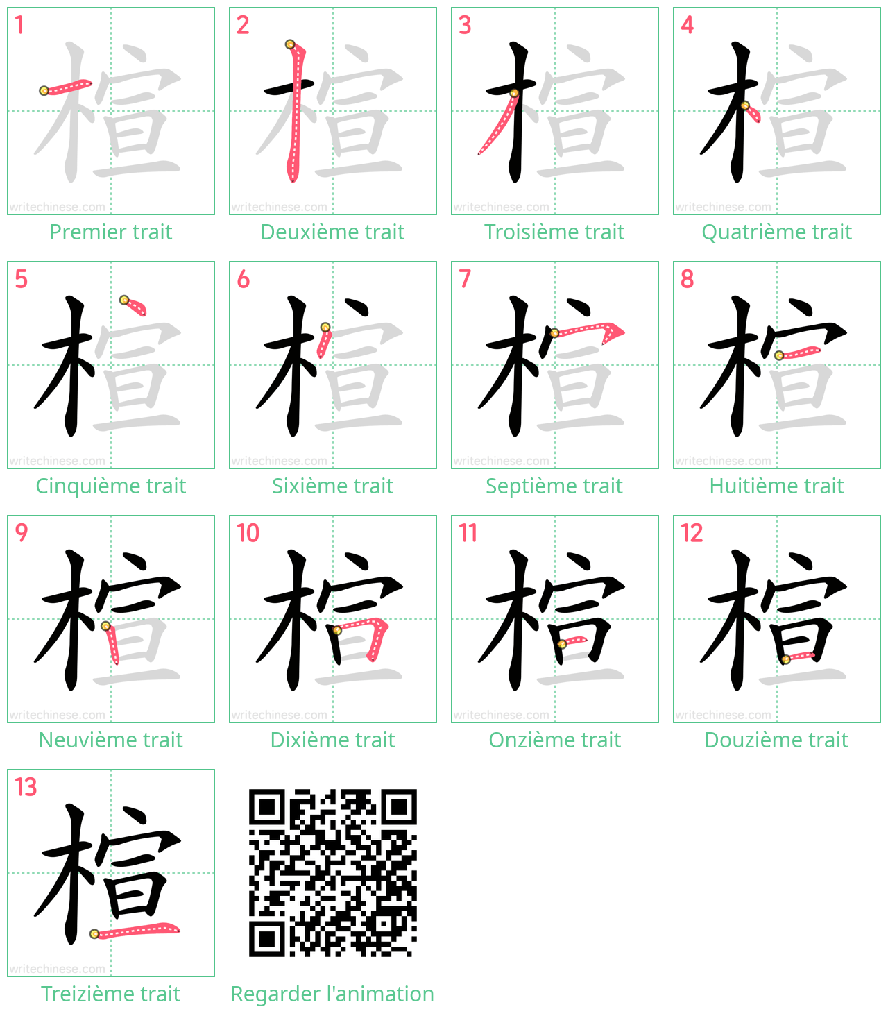 Diagrammes d'ordre des traits étape par étape pour le caractère 楦