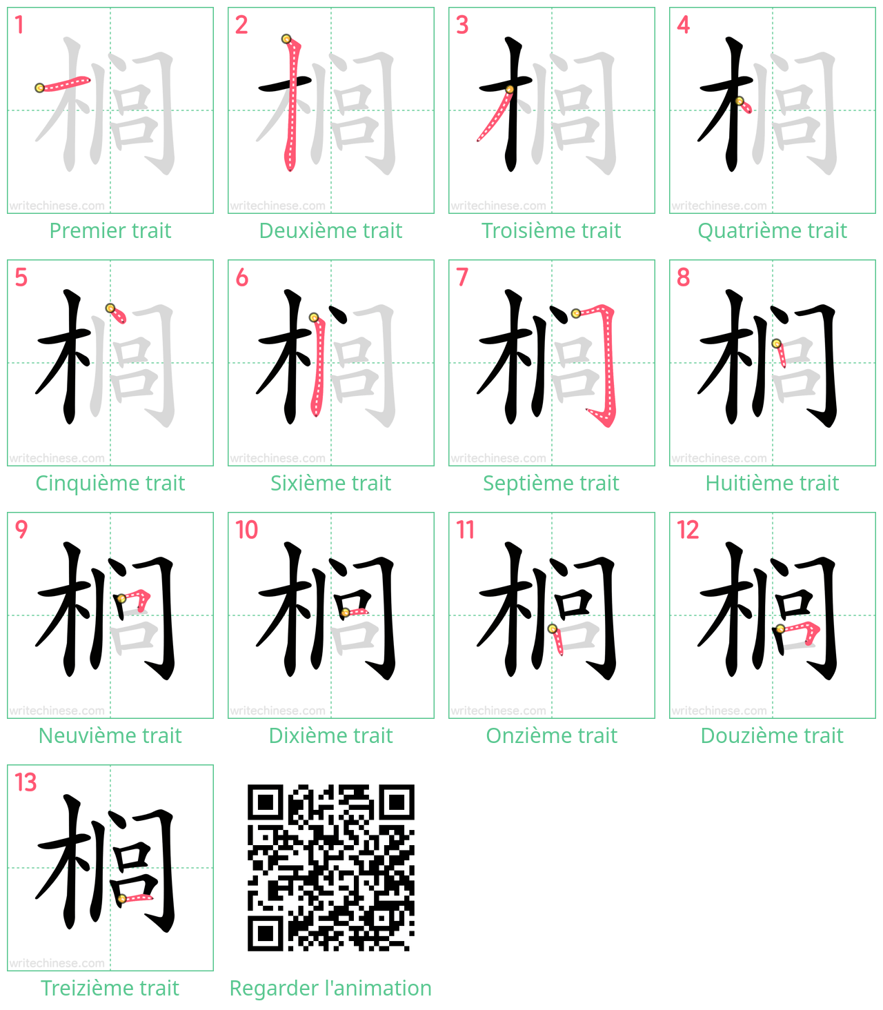 Diagrammes d'ordre des traits étape par étape pour le caractère 榈