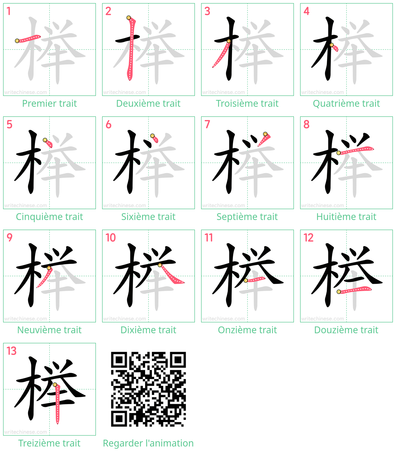 Diagrammes d'ordre des traits étape par étape pour le caractère 榉