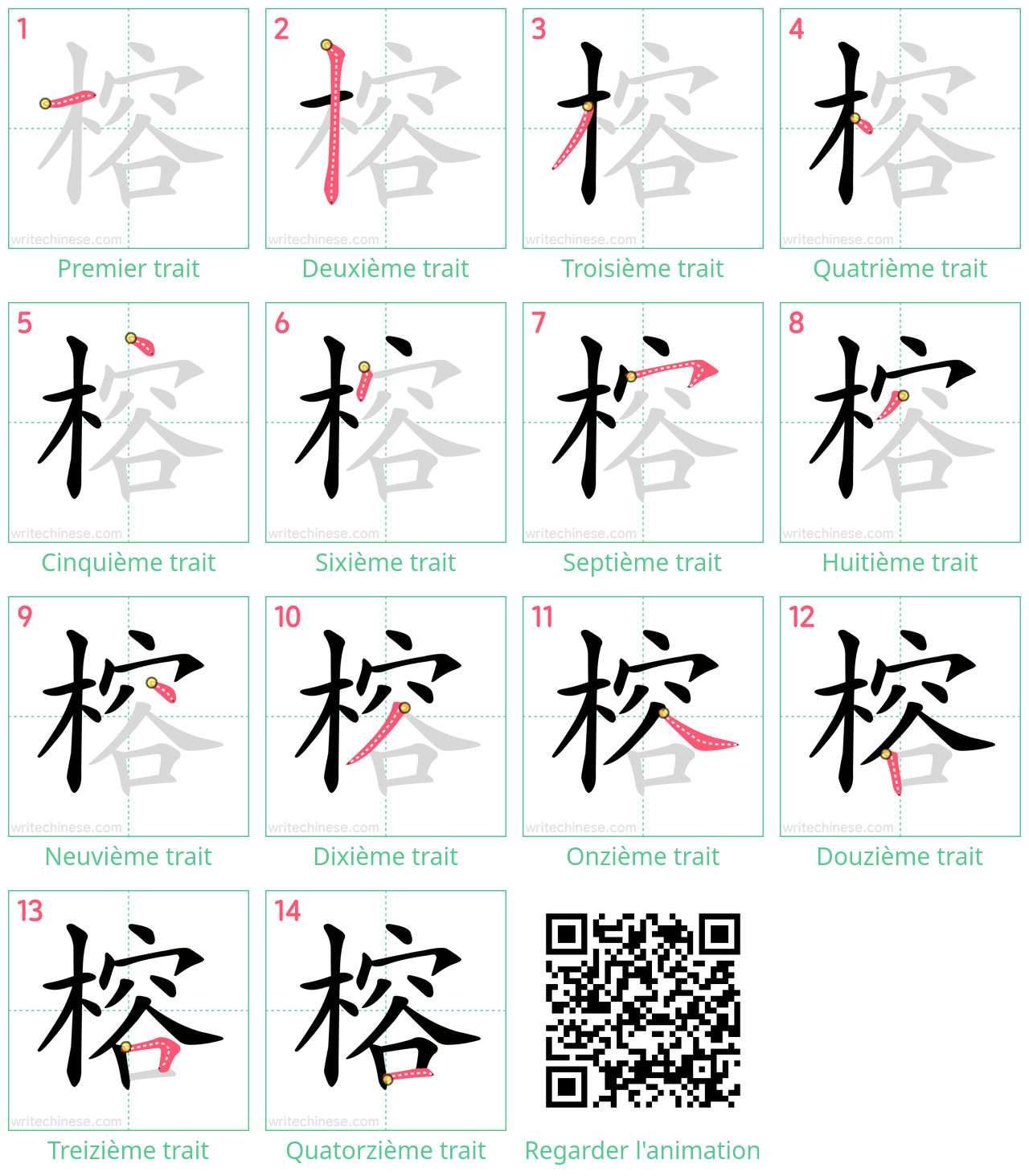 Diagrammes d'ordre des traits étape par étape pour le caractère 榕