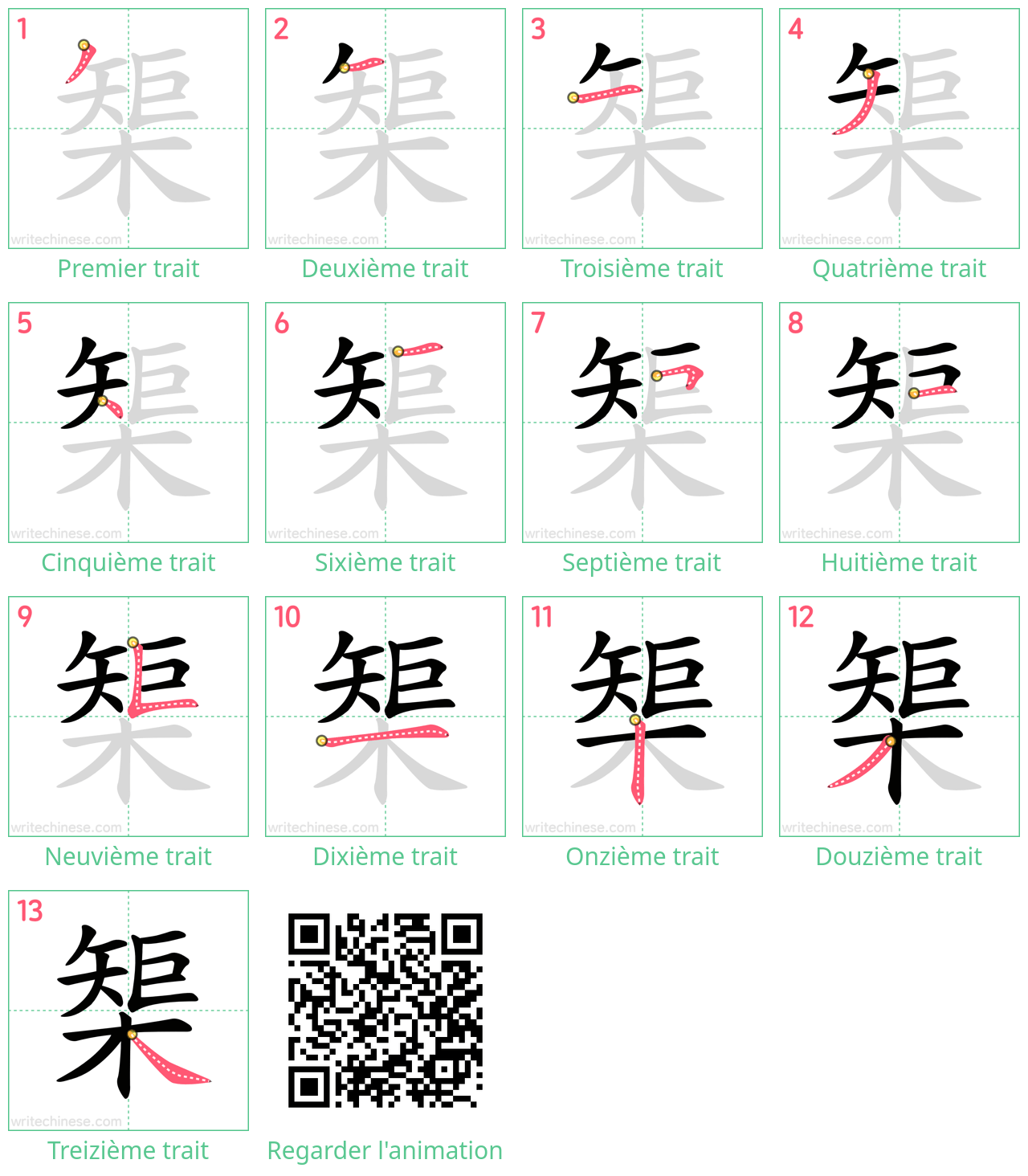 Diagrammes d'ordre des traits étape par étape pour le caractère 榘