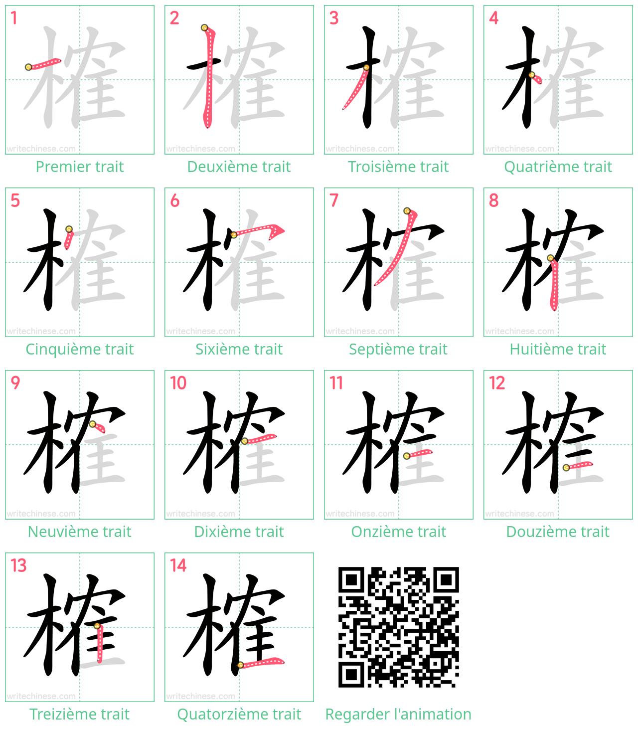 Diagrammes d'ordre des traits étape par étape pour le caractère 榷