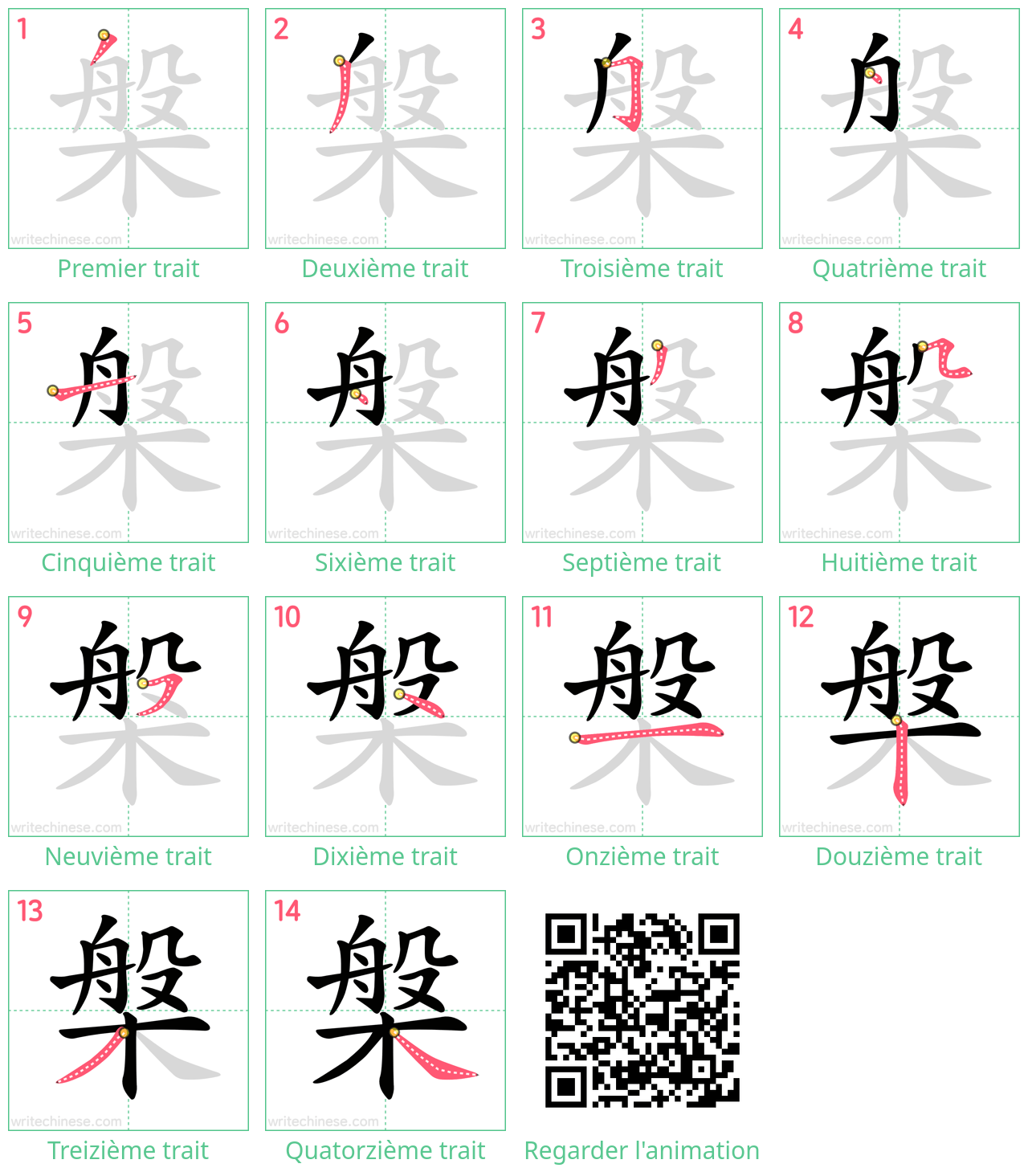 Diagrammes d'ordre des traits étape par étape pour le caractère 槃