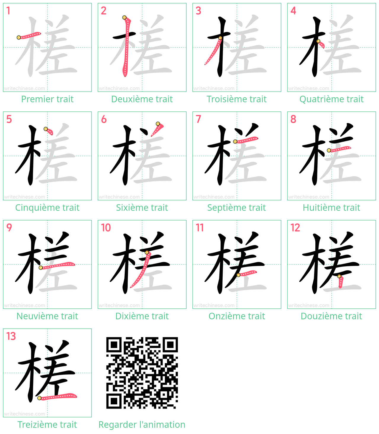 Diagrammes d'ordre des traits étape par étape pour le caractère 槎