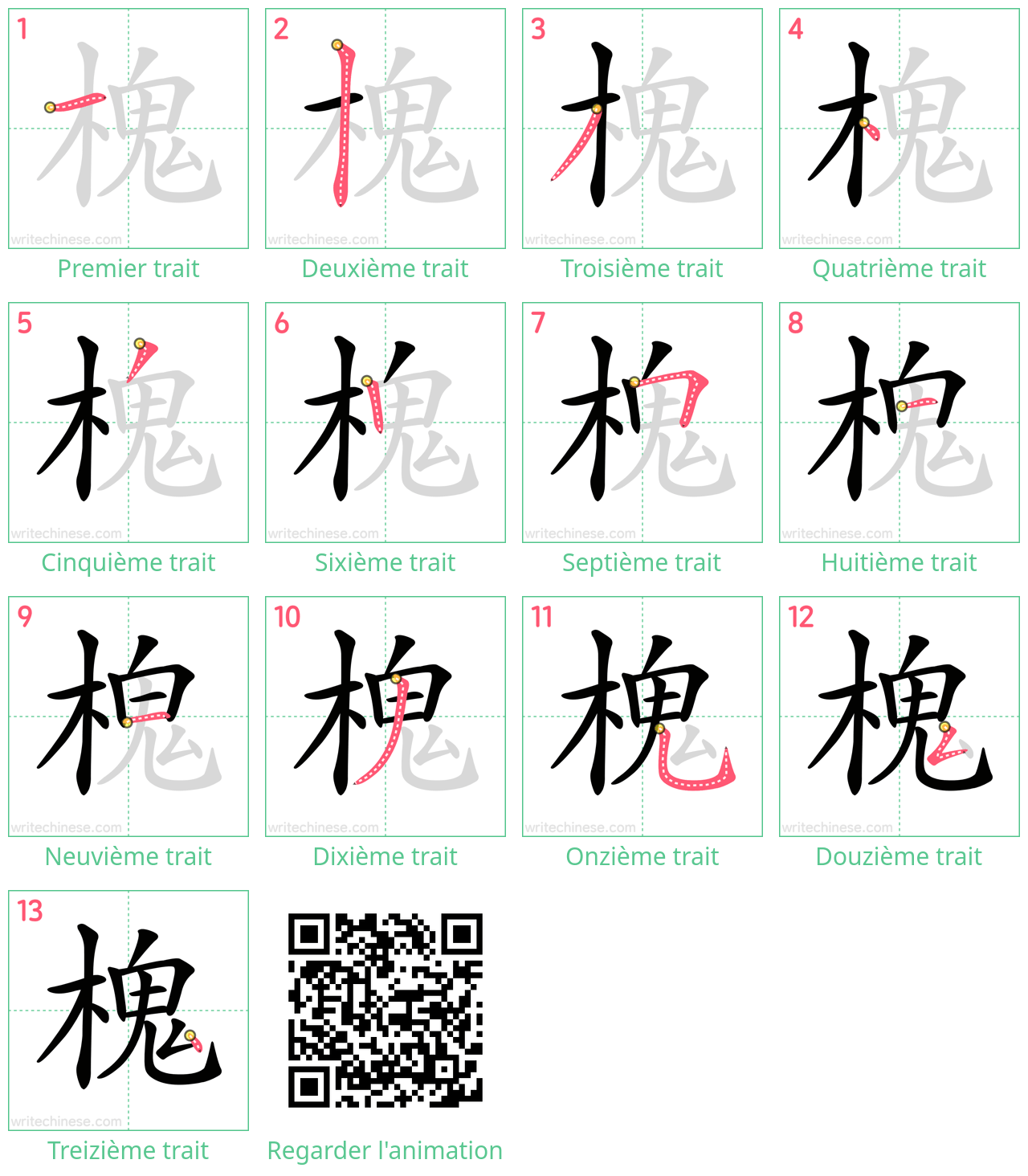 Diagrammes d'ordre des traits étape par étape pour le caractère 槐